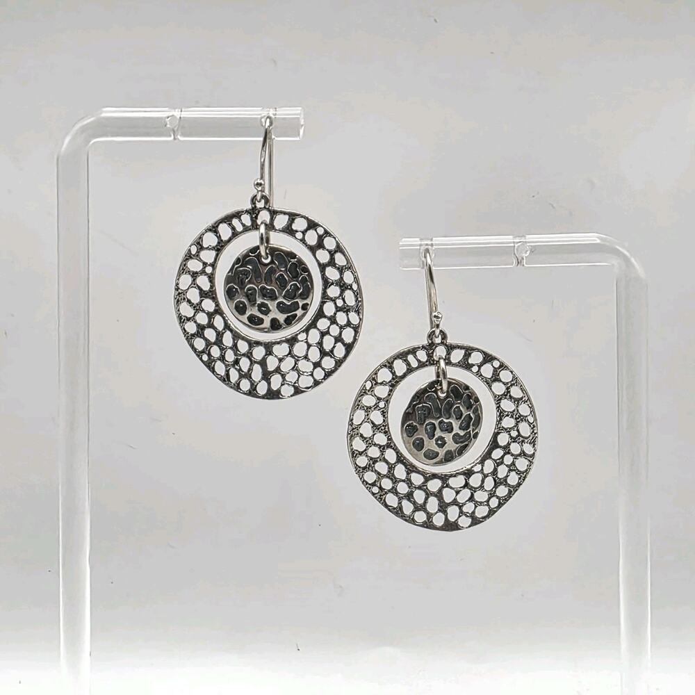 Sterling Silver 925 Oxidized Disc Drop Earrings 2” Artisan Dangle, Statement